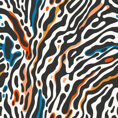 Abstract zebra print in black, orange, and blue. Seamless vector pattern for apparel, textile, wrapping paper, etc.