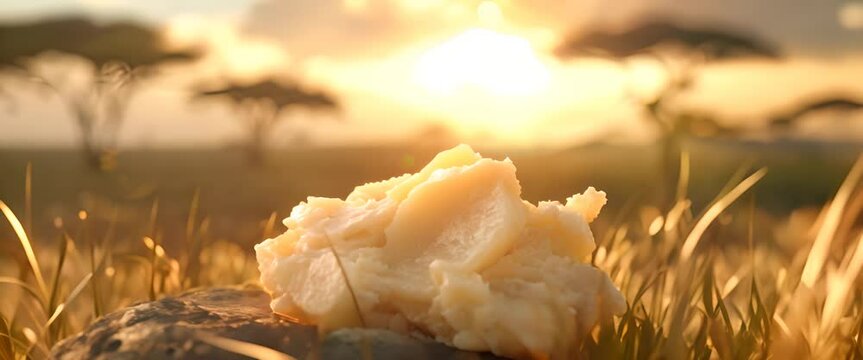 3D model of shea butter for deep moisturizing, with an African savannah scene blurred