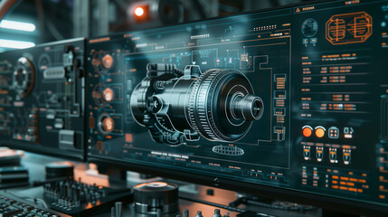A computer monitor displays a futuristic engine design. Concept of innovation and technological advancement