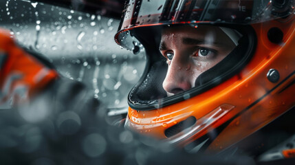 A driver, wearing a helmet in the car, focuses on the road as rain falls on the window, under a...