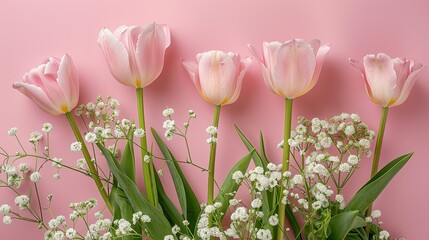 A vibrant display of pink tulips and a delicate white bouquet of gypsophila flowers set against a soft pink background embodying a concept perfect for Mother s Day or a birthday celebration