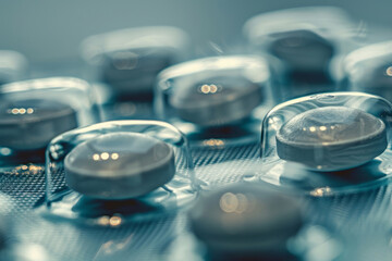 Multiple transparent round pills in the packaging in closeup, with a blurred background.
