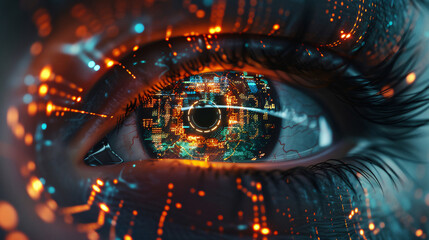 Close-up of an eye with an intricate digital world reflected on the iris, symbolizing advanced surveillance and futuristic vision.