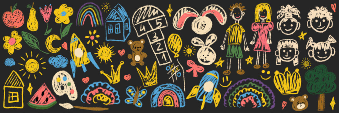 Kids chalk drawings big set. Collection freehand child baby drawn elements: sun, tree, boy, girl, bear, rabbit, flower, rocket. Hand drawing scribble. Vector illustration isolated on black background