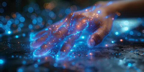 A hand touches a glowing blue data visualization, symbolizing the use of technology.