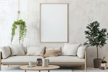 Scandinavian style living room with poster mockup created with generative ai