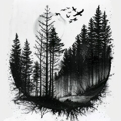 tree, grunge, silhouette, frame, illustration, vector, black, nature, art, forest, design, leaf, paint, winter, ink, drawing, branch, border, landscape, plant, old, texture, stain, snow, vintage