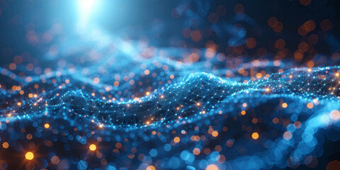 An abstract background features blue glowing geometric shapes and connections forming a network.