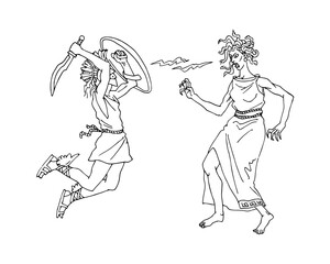The battle of Perseus with the Gorgon Medusa. Vector illustration with contour lines in black ink, isolated on a white background in a cartoon and hand drawn style.