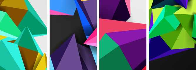 A creative arts piece featuring a collage of purple, azure, violet, and pink triangles on a white background. A unique textile art design showcasing different shapes and colors