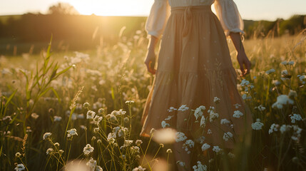 girl wearing white dress enjoying  on chamomile field