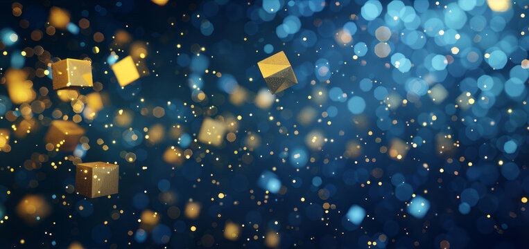 Golden and navy blue cubes fly around in an abstract background, creating a dynamic and sparkling visual effect.