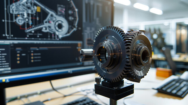 A computer monitor displays a futuristic engine design. Concept of innovation and technological advancement