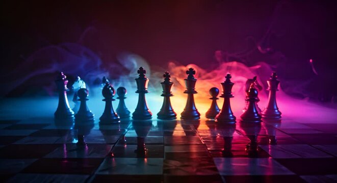 A dark, minimalist chessboard with pieces illuminated by colorful, strategic lighting