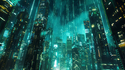 A futuristic cityscape at night, illuminated by neon lights and holographic projections, with skyscrapers made of glowing data streams and digital landscapes floating above the streets.