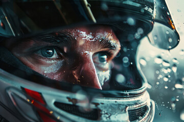 A race car driver, wearing a helmet, in a close up portrait with cinematic lighting and rain on a...