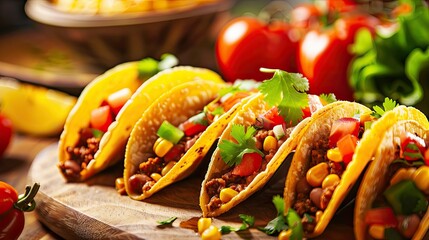 A vibrant Fiesta table showcasing a delicious close up of vegetarian corn tacos stuffed with refried beans and fresh vegetables - obrazy, fototapety, plakaty