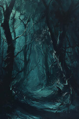 Obraz premium A dark forest with twisted trees and eerie shadows, depicted in an oil painting style, is filled with mystery and intrigue.