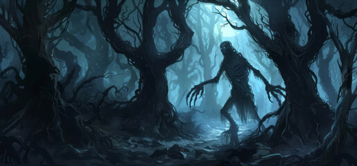 A dark and eerie forest scene features twisted trees bathed in moonlight, with dancing shadows adding to the mystery.