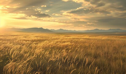 The vastness of the delta under sunlight, with tall grass swaying gently in the breeze and distant mountains visible on the horizon. - obrazy, fototapety, plakaty