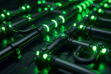 A 3D render presents green glowing pipes against a black background.