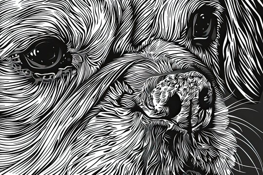 Close up dog illustration clear thick black outlines line art no missing arms no missing legs style raw vector lines