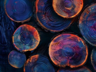 A digital artwork showcases a close-up view of tree rings, each ring exhibiting vibrant colors and intricate patterns that give an illusion of depth.