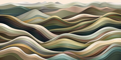 A complex and detailed abstract landscape pattern is composed of layers of different shades of brown, green, beige, light blue, and dark gray, with flowing lines that resemble the shape of hills.