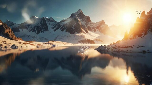Mountains with snowy peaks and calm lakes. Seamless 4K looping virtual video