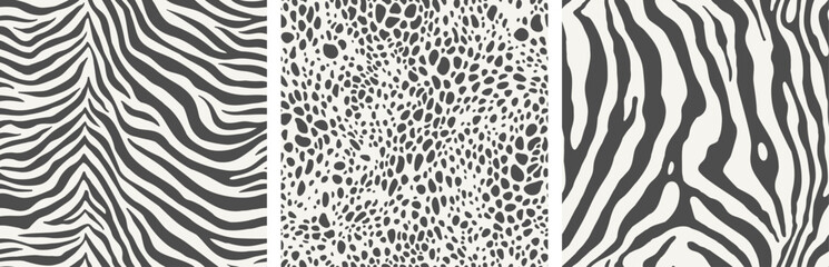 A vector set of Seamless animalistic patterns in monochrome. Modern prints featuring zebra stripes and leopard spots.
