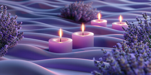 Obraz na płótnie Canvas Tranquil scene of three burning candles surrounded by vibrant lavender flowers in a 3D ing