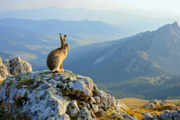 Rabbit peacefully resting on rock surrounded by majestic mountain peaks in the wilderness landscape