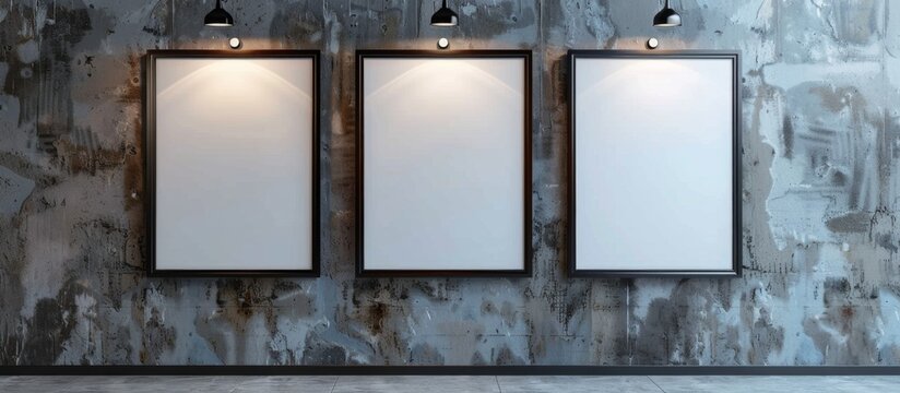 Three identical empty frames with no pictures inside are hanging on a wall, softly lit by lights positioned above them