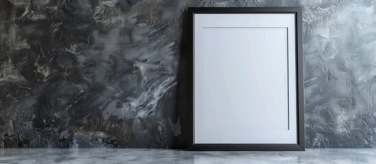 An unoccupied picture frame leaning against a plain gray wall on the floor