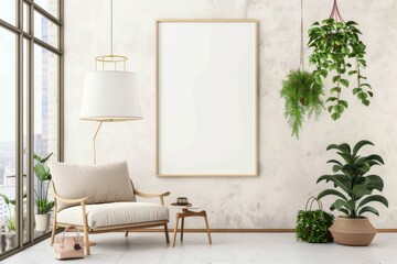 Scandinavian style living room with poster mockup created with generative ai