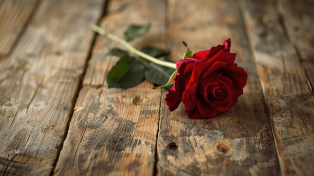 A single crimson rose elegantly graces the rustic wooden table perfectly complementing the background