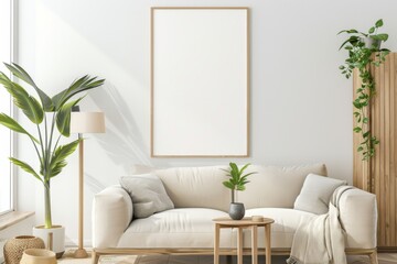 Scandinavian style living room with poster mockup created with generative ai