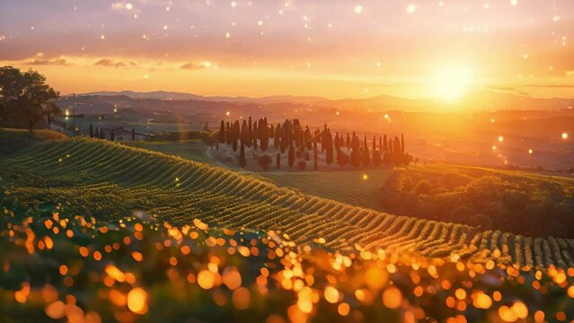 The sun sets over a beautiful landscape of rolling hills and vineyards in Tuscany, Italy.