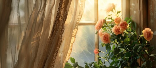 A bunch of rose flowers positioned by a window with a curtain.