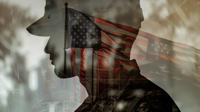 An emotional scene of a soldier's silhouette overlaid with the silhouette of a war memorial statue depicting a fallen comrade, with the American flag draped over the soldier's shoulder