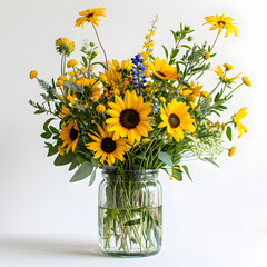 Sunflower bouquet in a glass vase on a white background, perfect for Mother's Day or Valentine's Day gift