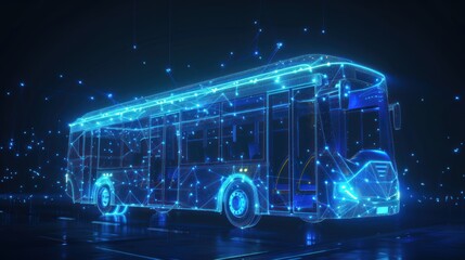 Bus from futuristic polygonal blue lines and glowing stars for banner, poster, greeting card. AI generated - obrazy, fototapety, plakaty