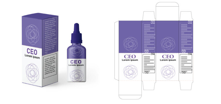 CEO Packaging box design template layout with Box die line, icon, frames and Design Illustration, Vector design Template image of cosmetic bottle and box.