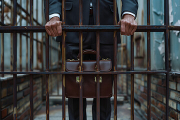 man in suit and briefcase locked in cell