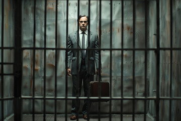 man in suit and briefcase locked in cell