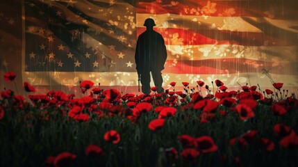 A solemn composition featuring the silhouette of a soldier standing in front of a war memorial overlaid with the American flag, with poppies blooming at the base of the monument - Powered by Adobe