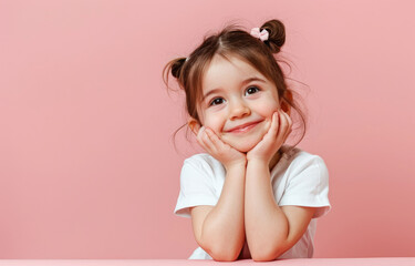 Cute little girl smiling and looking up, holding her chin with both hands on pink background - obrazy, fototapety, plakaty