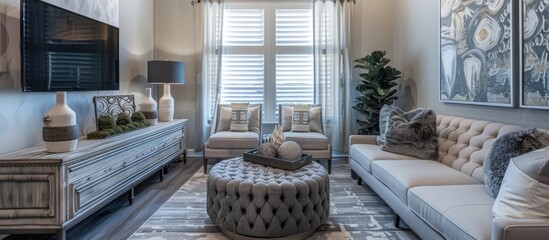 Obraz premium Comfortable indoor space featuring fashionable furnishings, decorative accents, and a television.