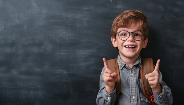 A cute little boy wearing glasses and carrying schoolbag is standing in front of the blackboard, smiling with his finger pointing at it