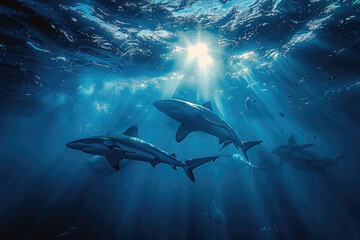 A group of sharks are swimming in the deep blue ocean, with sunlight shining through from above and creating an epic scene. Created with Ai